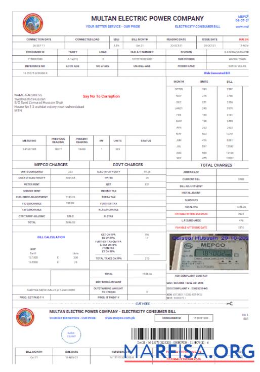Downloadable PAKISTAN MULTAN ELECTRIC POWER utility bill Word and PDF template